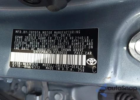 2020 Toyota Corolla Le from USA, damaged, VIN 5YFEPRAE8LP030650